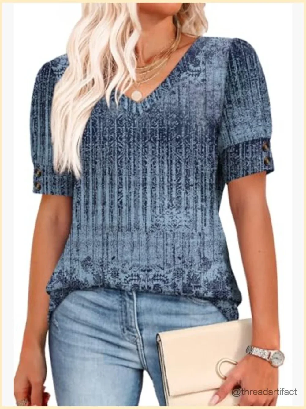 Short Sleeve V Neck Blouse Dressy Casual Top - Picture 4 of 7